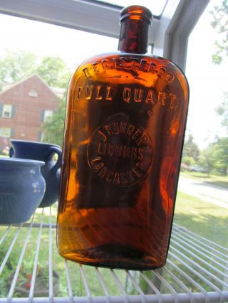 Vintage / Rare Amber J Rohrer Liquors Strap Flask Whiskey Bottle Lancaster Pa