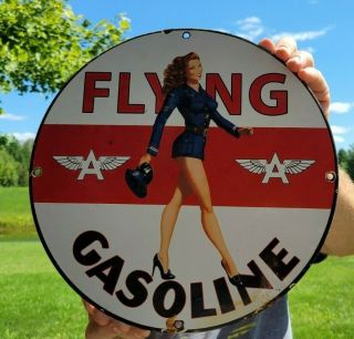 Old Vintage Flying A Aviation Gasoline Porcelain Enamel Gas Motor Oil Pump Sign