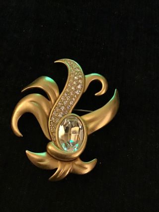 Vintage Swarovski Swan Brushed Gold Tone Rhinestone Crystal Flame Leaf Pin