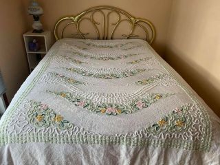 Vintage Full Or Queen Chenille Bedspread Bright Colors On White.