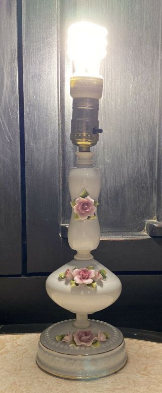 Vintage Porcelain Ceramic Lamp 3d Roses Japan Dresser Nightstand 13”
