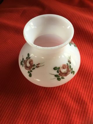 Vintage Hurricane Lamp Shade White Milk Glass With Hand Painted Red Roses And Gr