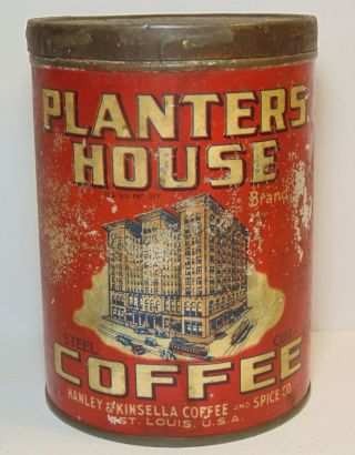 Old Vintage 1920s Planters House Coffee Tin Graphic Tall 1 Pound Can St Louis Mo