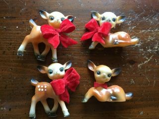 4 Vintage Soft Plastic 3.  75” Christmas Reindeer Figurines Blue Eyes & Red Bows