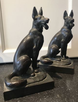 Pr Antique Paul Herzel German Shepherd Dog Bronze Clad Statue Book End Bookends