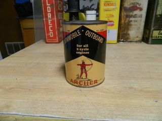 Vintage Archer Snowmobile & Outboard 2 Cycle Oil One Quart Metal Oil Can Full