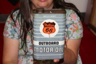 Vintage Phillips 66 Outboard Boat Motor Oil 1 Quart Metal Can Gas Station Sign