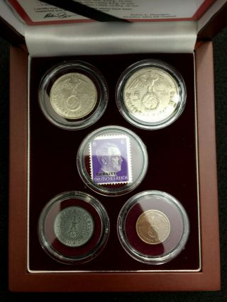 Ww2 Certified German Coins Two Silver One Zinc & Bronze Stamp Display Box