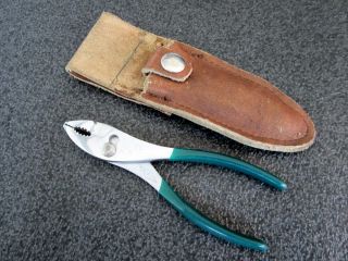 Vintage Diamond Tools 5 " Slip Joint Pliers K14 Green Handles Leather Holster Usa