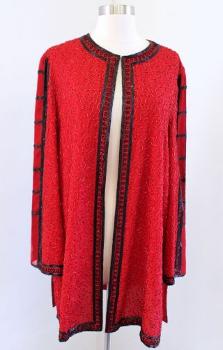 Vtg Judith Ann Creations Red Black Silk Beaded Sequin Jacket Size M Evening