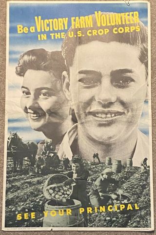 Orig Victory Farm Volunteer Poster 1943 Usda Wwii Ww2 22”x14” Rare