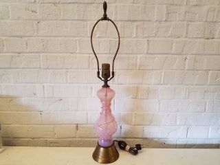 Antique Murano Glass And Brass Lamp With Pink And Gold Swirl Decorations