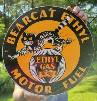 Old Vintage Bearcat Ethyl Gasoline Motor Oils Porcelain Gas Pump Metal Sign