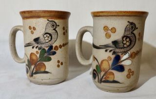 2 Vintage Tonala Mexico Art Pottery Hand Painted Bird Coffee Mugs,  Artist Signed