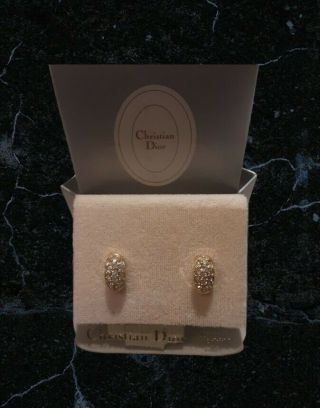 Vintage Signed Christian Dior Crystal Earrings 14k Gold Posts With Card/box 30