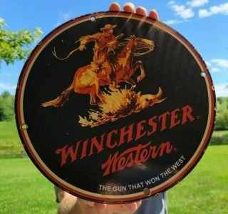 Old Vintage Winchester Western Hunting Ammunition Porcelain Gun Sign Ammo