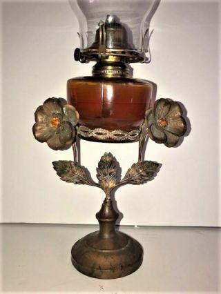 Great 19th Century Kerosene Table Lamp,  Amber Font Jeweled Floral Brass Frame