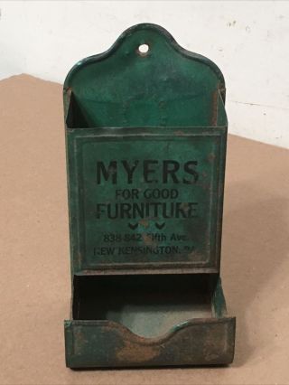 Vintage Advertising Tin Match Holder Myers Furniture Kensington Pa