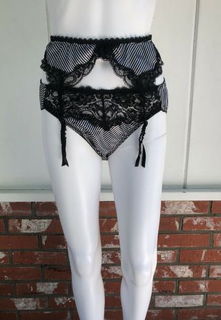 Vtg Nwot Valentino Silky Black & White Stripe High Leg Panties & Garter Belt M