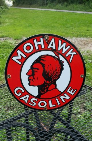 Mohawk Gasoline Porcelain Metal Sign Chief Indian Motor Oil Gas Pump Plate
