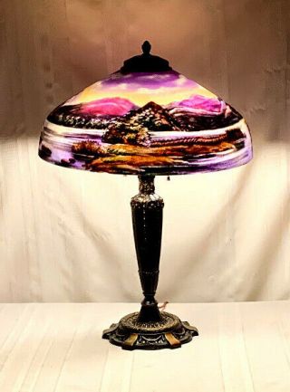 Pittsburgh Reverse Painted Lamp,  Scenic Lakes & Mountains,