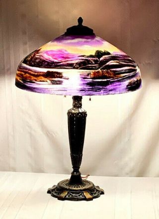 PITTSBURGH REVERSE PAINTED LAMP,  SCENIC LAKES & MOUNTAINS, 3