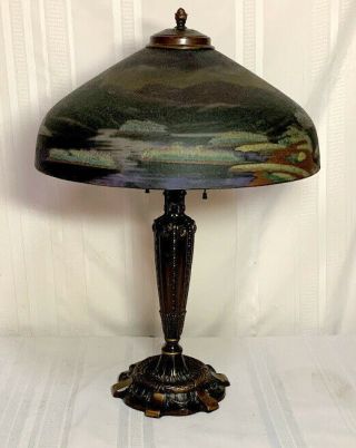 PITTSBURGH REVERSE PAINTED LAMP,  SCENIC LAKES & MOUNTAINS, 4