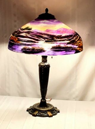 PITTSBURGH REVERSE PAINTED LAMP,  SCENIC LAKES & MOUNTAINS, 5
