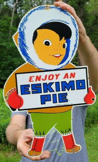 Old Vintage Eskimo Pie Porcelain Advertising Metal Gas Station Sign Ice Cream