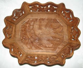 Vintage Hand Carved Wooden Bowl Bread Basket Wood Inlay Acorn Oak Design