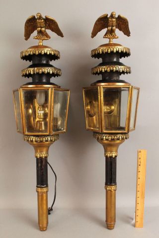 Large 19thc Antique Iron Brass Eagle Carriage Coach Lanterns Lights,  Nr