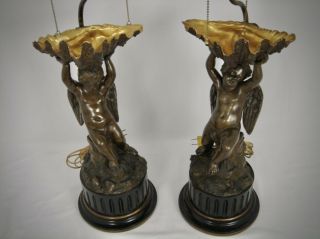 Antique Pair French Bronze Cherub Putti Figures Lamps Gilded Clam Shell