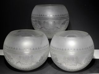 Set 3 Antique Victorian Acid Etched Glass Gas Oil Lamp Shades W Dragons