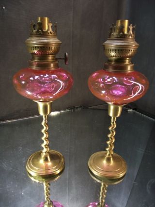 Antique Cranberry Thumbprint Glass Brass Peg Oil Lamps W/ Kosmo Burners