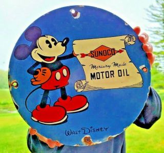 Vintage Old Dated 1933 Sunoco Gasoline Motor Oil Porcelain Gas Pump Sign Mickey