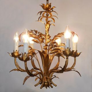 Vintage Italian Gilt Tole Palm Leaves Chandelier Ceiling Light Hollywood Regency