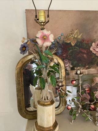 Vintage Italian Tole Lamp W Mixed Flowers 25 " H Pink Blue White