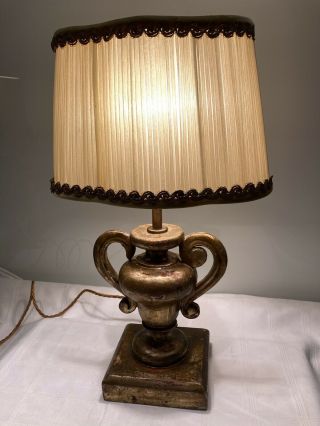Antique Carved Giltwood Urn Table Lamp,  With Vintage Shade