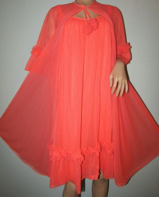 Vintage Red Coral Sheer Chiffon Nylon Nightgown Peignoir Ruffles Gown Robe Sz M