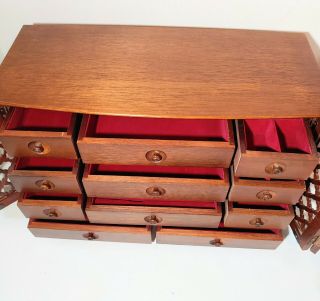 Vtg Large Walnut? Wood Jewelry Box Armoire 11 Drawers Red Lined 18x8x10 " Doors