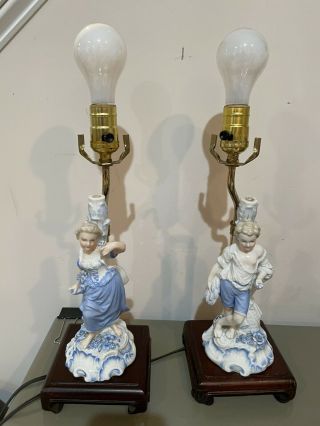 Two Vintage Porcelain Blue White Figural Table Lamps Chinoiserie Wood Base
