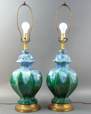 Mid Century Vintage Drip Glaze Asian Ginger Jar Ceramic Pottery Table Lamps Pair