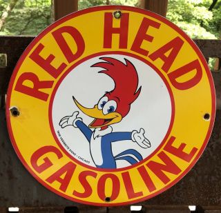 Vintage 1948 Dated Red Head Gasoline Porcelain Gas Oil Station Pump Sign