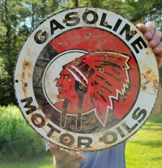 Old Vintage Indian Chief Gasoline Motor Oils Porcelain Gas Pump Metal Sign