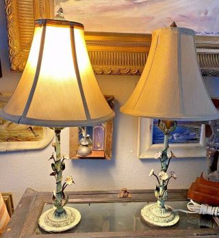 Pair Shabby Chic Vintage French Italy Wrought Iron Lamps Morning Glory Floral