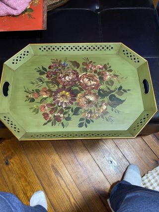 Vintage Hand Painted Flowers Large 26 1/2 X 18 1/2”serving Tray,  Green Toleware