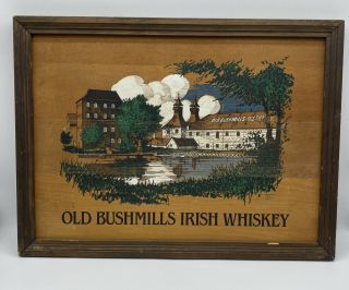 Vintage Framed Wooden Old Bushmills Irish Whiskey Advertising Sign Picture Rare
