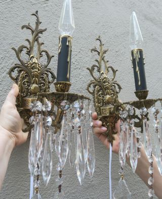 2 Vintage Cast Bronze Brass Crystal Lamp Sconce Rococo French Spain Classic Blac
