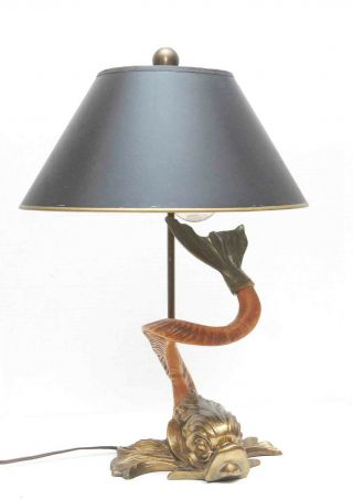 Vintage Chapman Art Deco Brass Koi Fish Ram Horn Lamp 1977 Shade