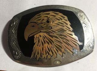 Silver Plate With Bronze Eagle Head Belt Buckle 3.  5 " X 2.  5 "